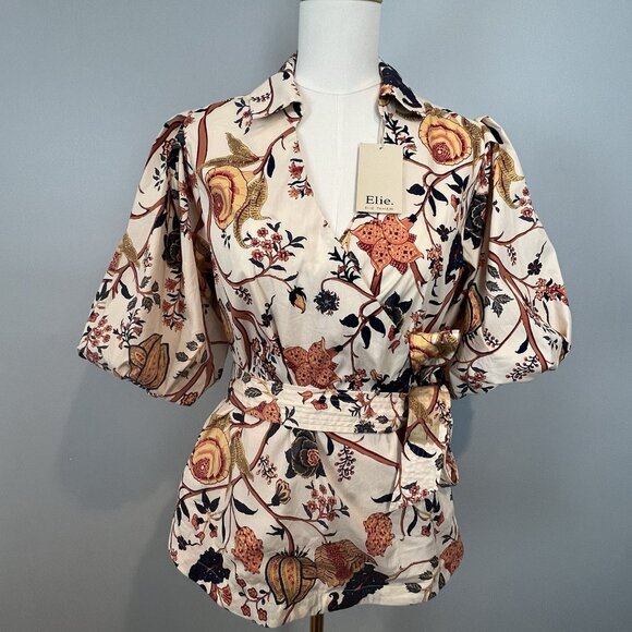 Elie Tahari Faux Wrap Blouse Womens Size Medium Puff Sleeves V Neck Belted NWT - Picture 1 of 13
